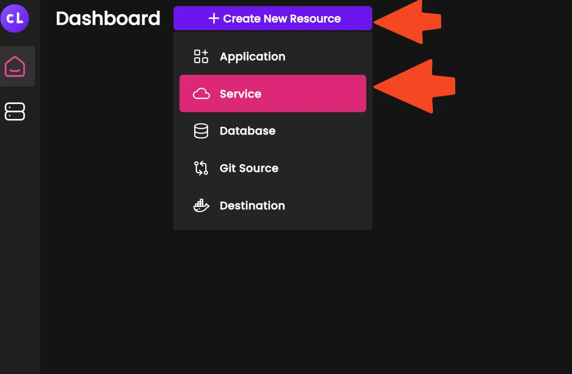 Coolify dashboard showing New Resource and Docker Compose option