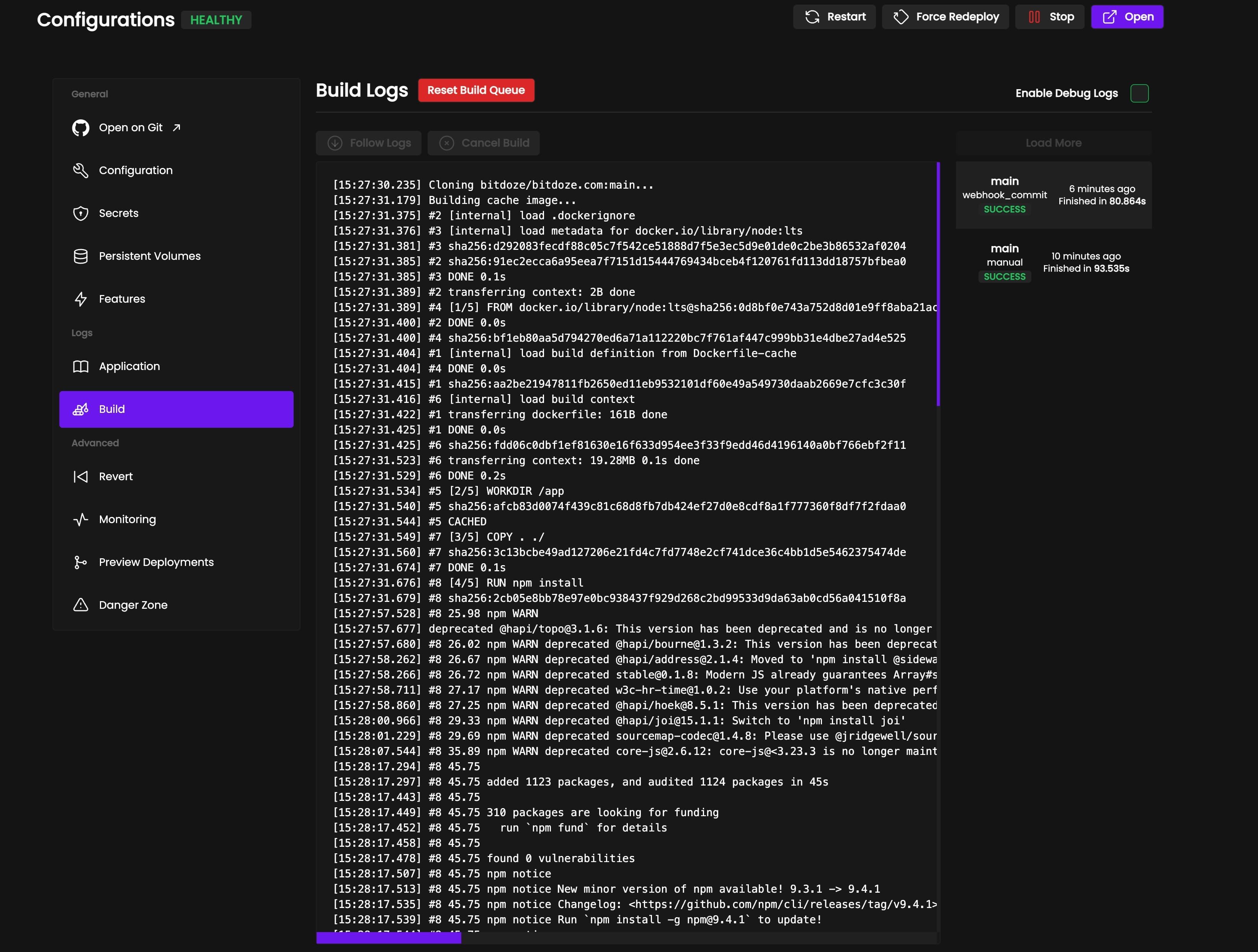 Coolify astro deploy logs