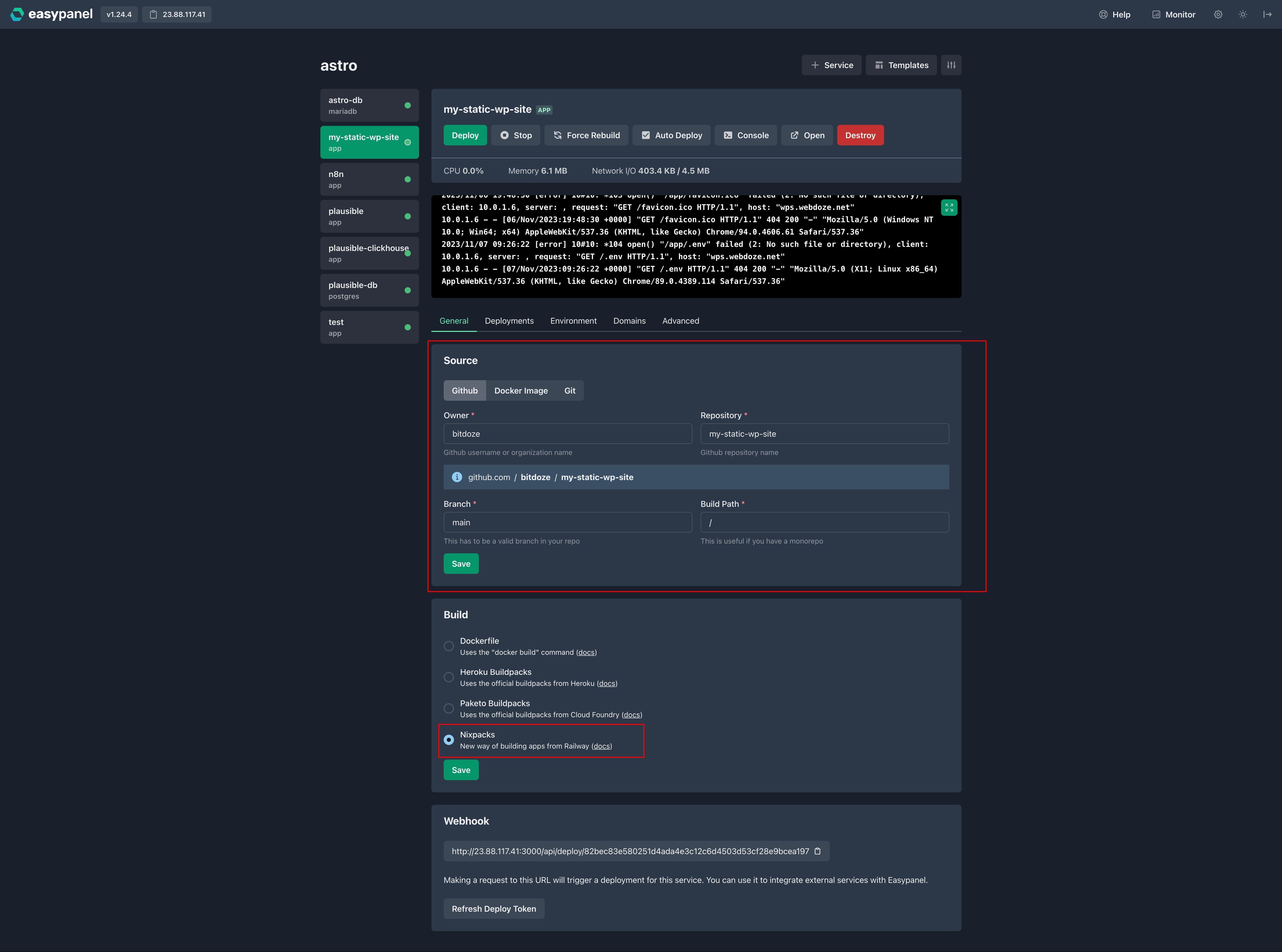 EasyPanel app deploy