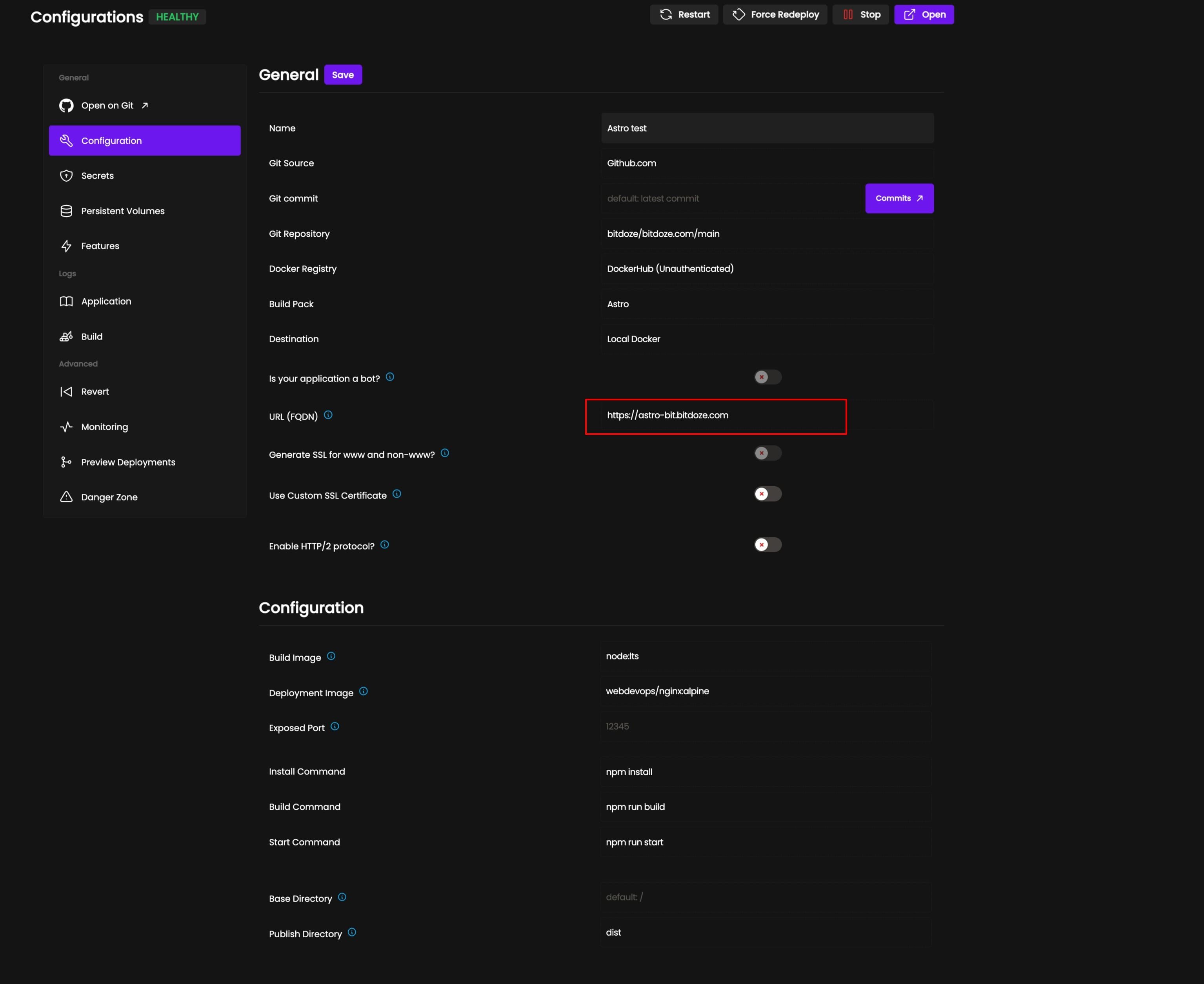 Coolify astro deploy