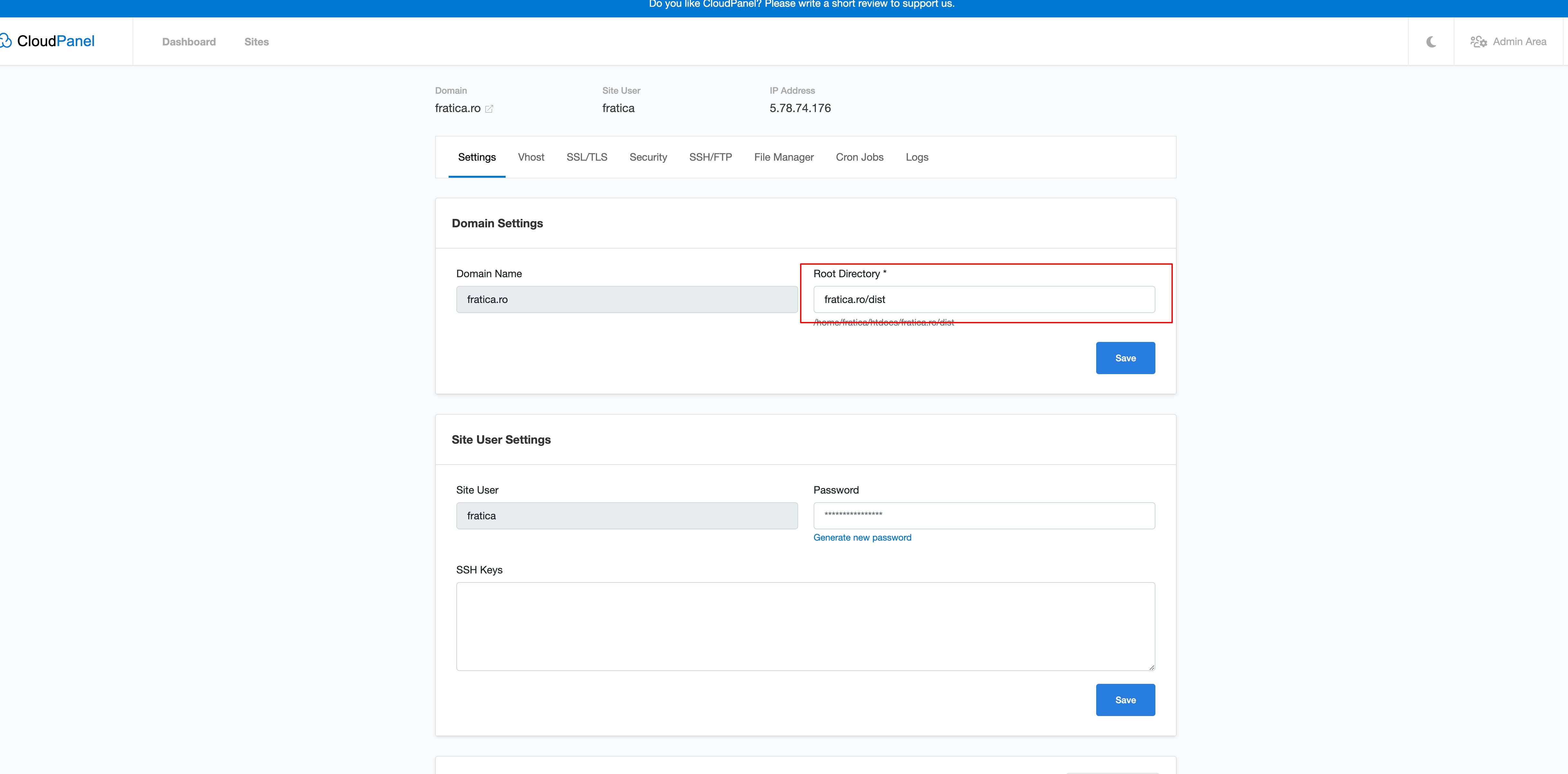 CloudPanel change root directory