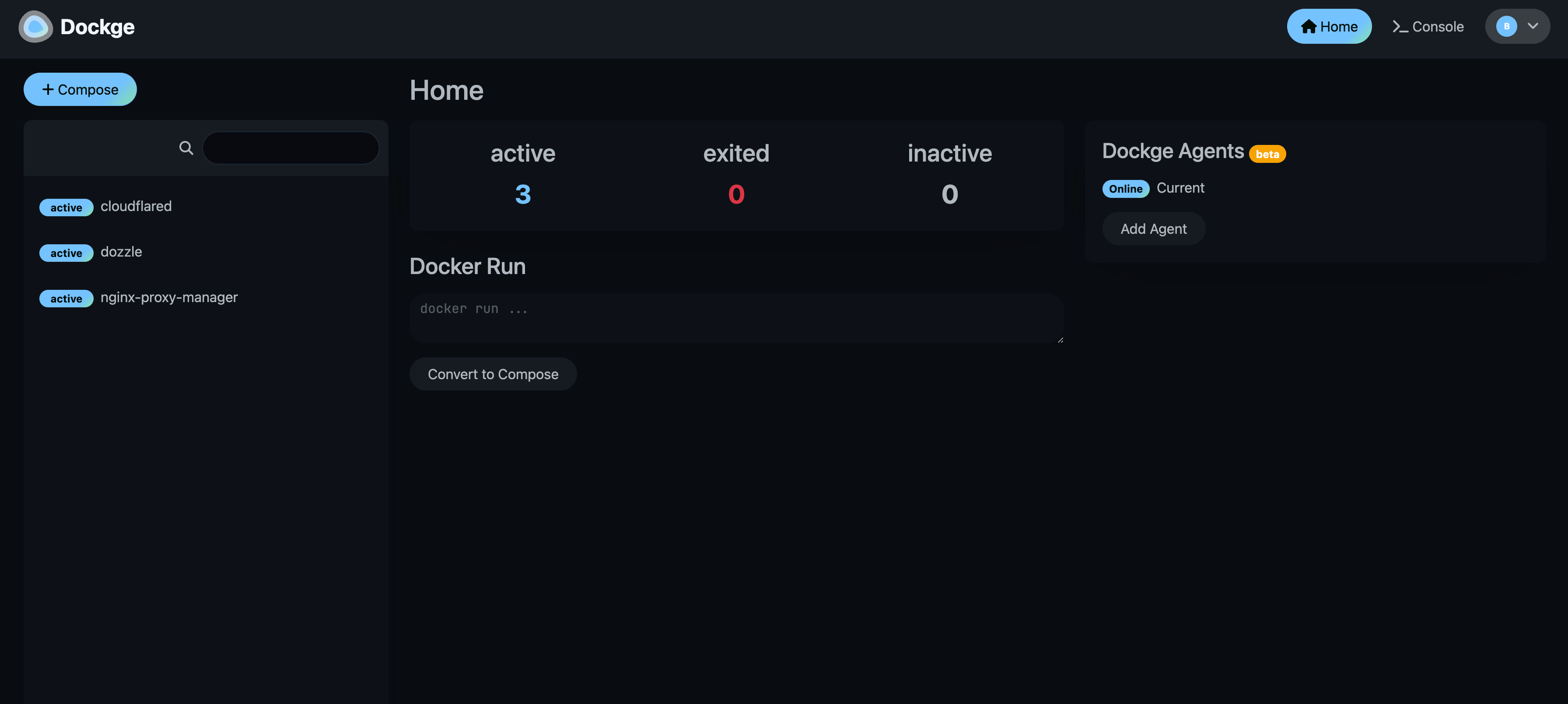 Dockge UI showing compose stack list
