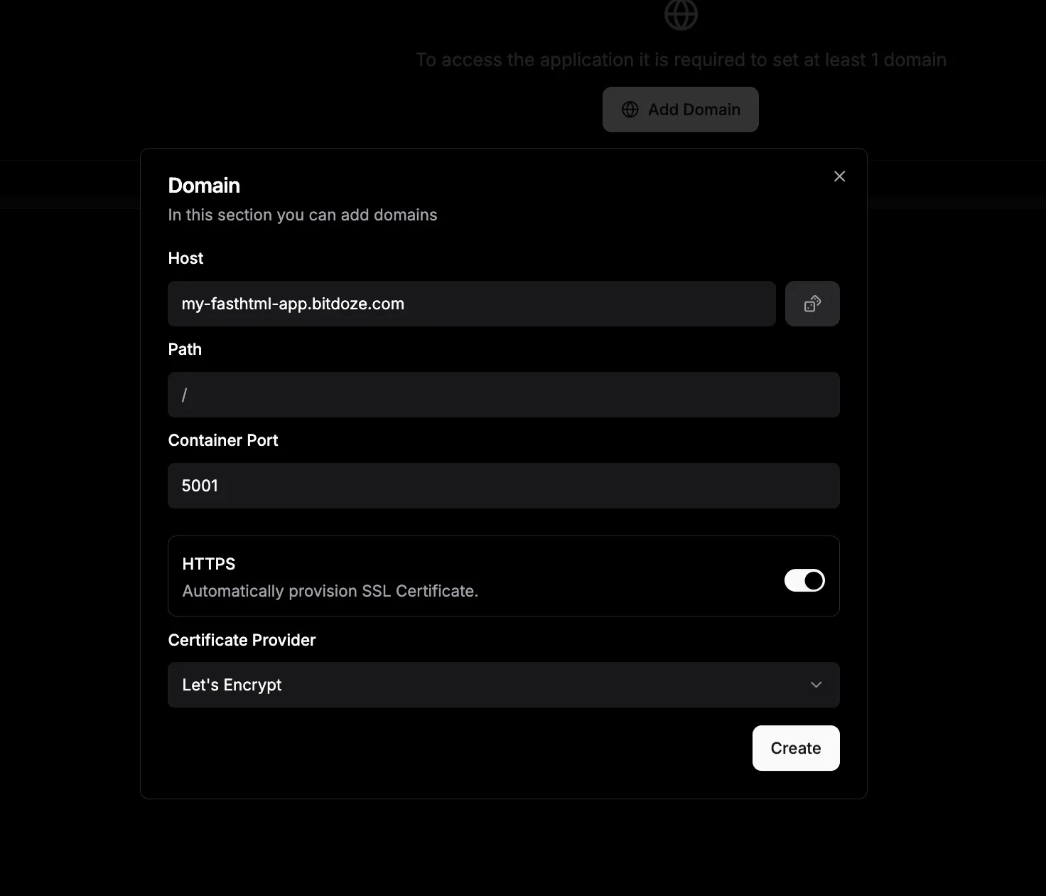 Dokploy domain configuration showing port 8000 and HTTPS toggle