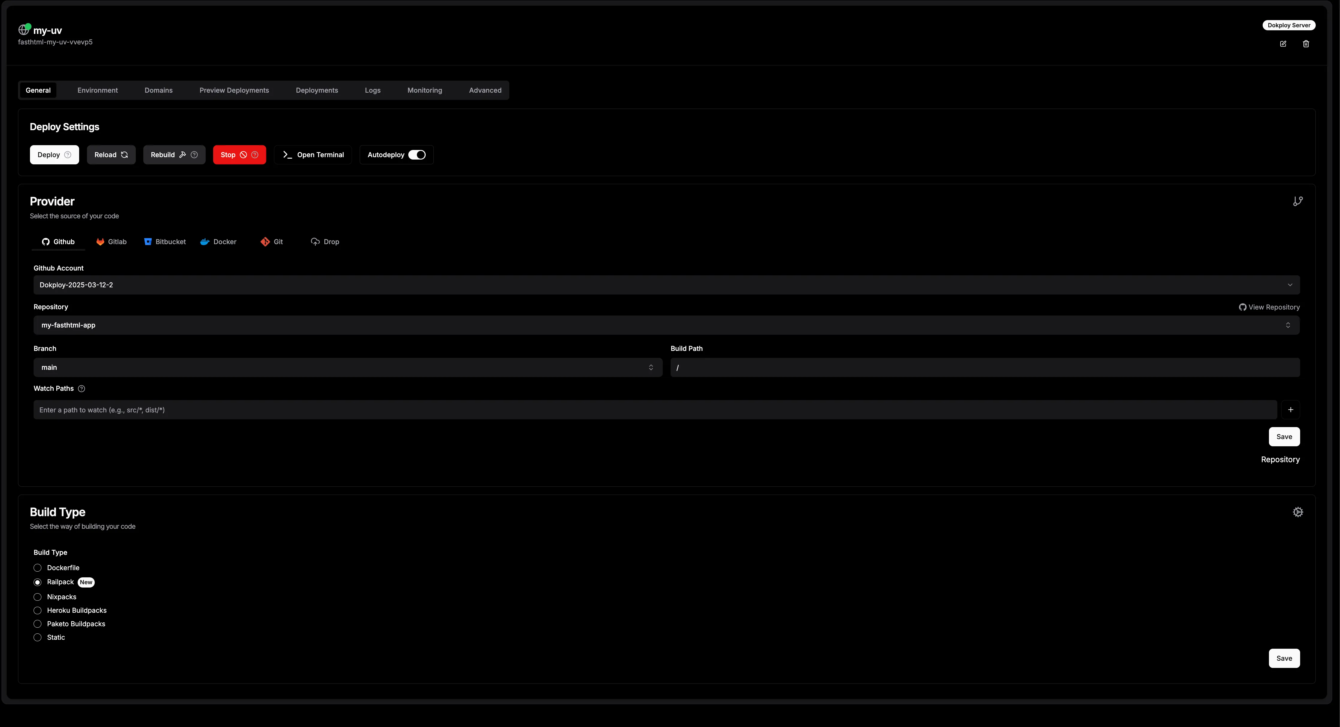 Dokploy project screen showing the production environment and application list