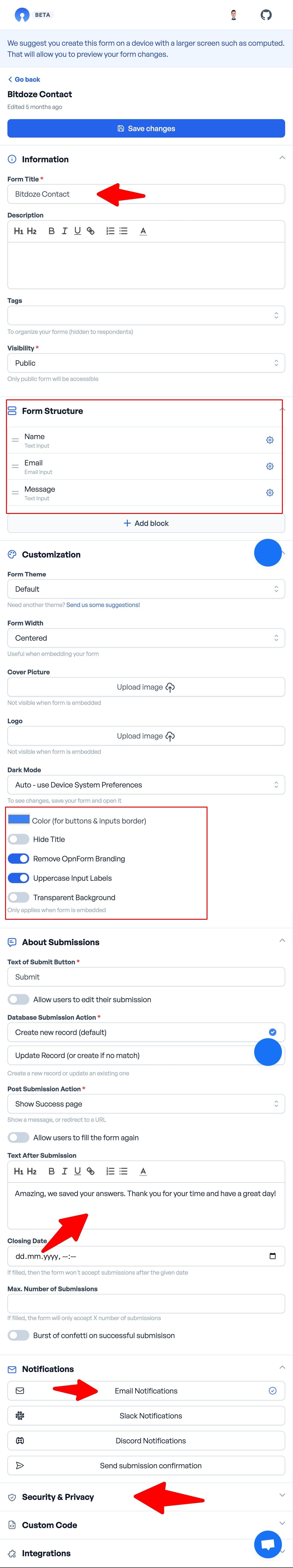 OpnForm settings