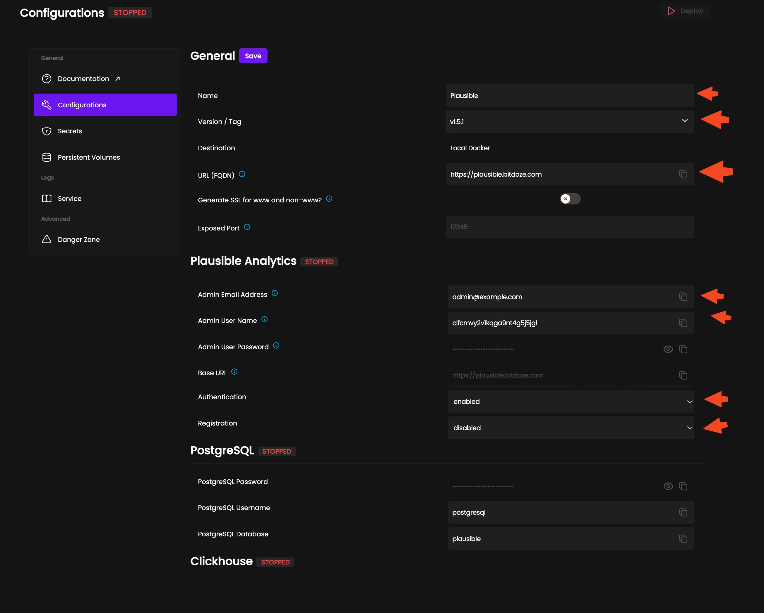 Coolify Plausible service configuration with domain and version settings